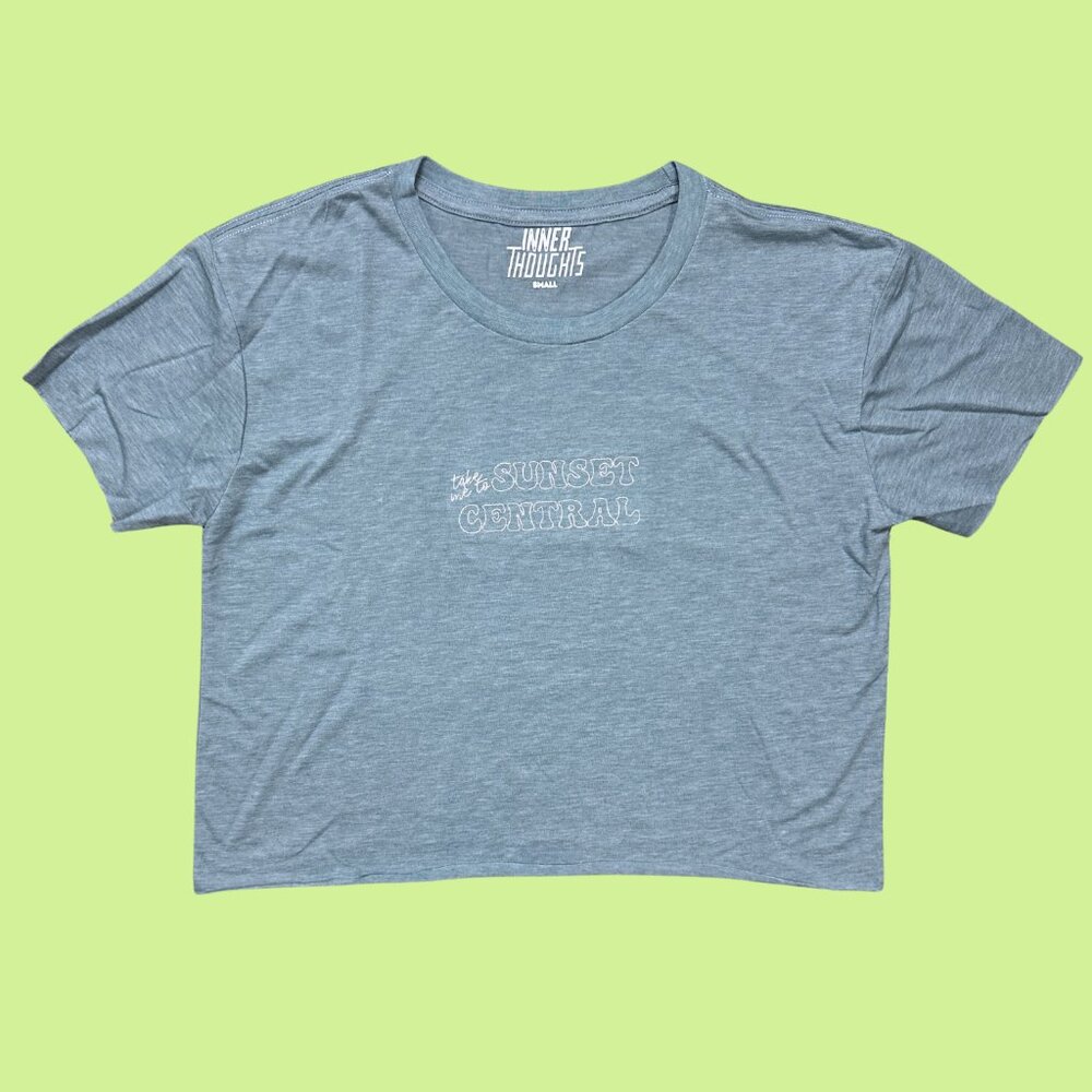 Inner Thoughts Light Blue Embroidered‎ Take Me To Sunset Central Cropped Tee